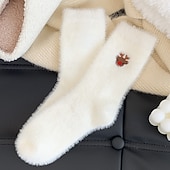 abordables calcetines caseros-Calcetines navideños de invierno para mujer, calcetines gruesos y cálidos con muñeco de nieve. &amp;Calcetines navideños de felpa de visón blanco acogedores con diseño de Papá Noel y bonitos calcetines