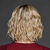 abordables perruque plus âgée-Perruque courte blonde pour femme avec frange, cheveux synthétiques réalistes et naturels, coupe ondulée résistante à la chaleur, racines foncées, élégante, à porter au quotidien