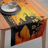 お買い得  ハロウィンキッチン-ハロウィンテーブルランナー - プリント柄の長方形テーブルクロス 33x180cm、レストランの宴会用不気味な装飾 &amp;パーティーダイニング（黒/オレンジ）