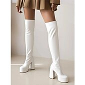 baratos Botas com salto-botas plataforma femininas acima do joelho – botas de salto alto em couro sintético elástico preto e branco para eventos de moda e festas