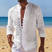 economico Vacanza-Per uomo Camicia Camicia di lino Camicia Estiva Camicia casual Camicia con Bottoni Semplice Vacanza Crociera Nero Bianco Rosa Blu Manica Lunga Colletto alla coreana Estate Primavera &amp; Autunno