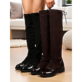baratos Botas da moda-Botas femininas pretas acima do joelho com biqueira de couro envernizado – botas altas elásticas casuais e chiques para uso diário, festas e moda de rua