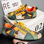 お買い得  カジュアルなレースアップシューズ-メンズのグリーンとイエローのメッシュスニーカー - ウォーキング、旅行、ストリートスタイルに最適なカラーブロックの通気性のあるカジュアルスポーツシューズ