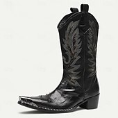 billiga Premium läderstövlar-Svarta westerncowboystövlar för män med broderade löv – höga stövlar i premiumkohud för countrymusikevenemang, rodeos och vintagefester