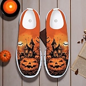 tanie Buty dla mężczyzn-Męskie pomarańczowe, wsuwane trampki Flyknit z nadrukiem dyni w stylu nawiedzonego domu – codzienne buty na festiwal Halloween, idealne na nocne imprezy, cosplay i wydarzenia na świeżym powietrzu