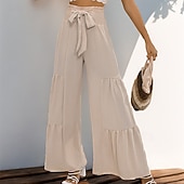 abordables jambe large et taille haute-Femmes A Volants Élégant Vacances ancien Longueur complète Taille Moyenne Couleur Unie Uni A Volants Patchwork Élastique Extérieur Vacances Maison Abricot Été Printemps Automne Coupe Ample