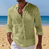 voordelige Vakantie-Voor heren Overhemd Linnen overhemd Zomer overhemd Button-down overhemd Strand hemd Overhemden zonder broek Effen Vakantie Alledaagse kleding Zwart Wit Lichtgroen Blozend Roze Lange mouw Strijkijzer