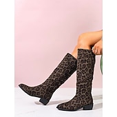 tanie Buty modowe-Damskie buty do kolan z nadrukiem w panterkę – szpiczaste noski, niski obcas, modne buty na jesień i zimę, idealne na co dzień, na ulicę i na imprezę