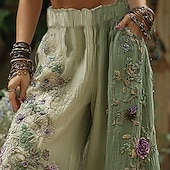 abordables jambe large et taille haute-Femmes Jambe large Pantalons Pantalon palazzo ancien Boho Longueur complète Taille haute Fleur Taille Élastique Impression Respirabilité Confortable Rue Tenue quotidienne Sortir Vert Printemps Automne