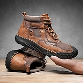 baratos Botas de cano curto-Botas casuais masculinas de couro sintético marrom de cano alto com sola de borracha antiderrapante - calçados duráveis para caminhadas ao ar livre, viagens e uso diário