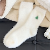 abordables calcetines caseros-Calcetines navideños de invierno para mujer, calcetines gruesos y cálidos con muñeco de nieve. &amp;Calcetines navideños de felpa de visón blanco acogedores con diseño de Papá Noel y bonitos calcetines