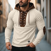 preiswerte Basic-T-Shirts-Herren T Shirt T-Shirt Langarmshirt Langarm Mit Kapuze Herbst Frühling &amp; Herbst Farbblock Schmale Falten Mode Designer Basic Schnürung Patchwork Urlaub Straße Lässig Schwarz Armeegrün Beige Top
