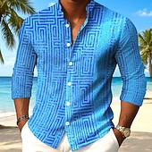 preiswerte Geometrische Muster-Herren Ethnisch Griechischer Schlüssel Bundmuster Hemd Knopfhemd Stehkragenhemd Langarm Vintage-Retro Täglich Outdoor Urlaub Frühling Herbst Mandarinkragen Stehkragen 3D-Druck Leinenähnliches Hemd