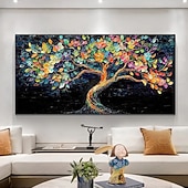 お買い得  木の油絵-手作りのオリジナルのカラフルな咲く木の油絵、キャンバスの壁、抽象的な生命の木の絵画、家の装飾用、枠張り付き/内枠なしの絵画