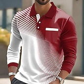 billiga Geometrisk pikétröja för män-Herr Geometrisk Polo Långärmad Polotröjor Kavajslag Ledigt Business Casual Fritids- Dagliga kläder Ficka 3D-utskrift Knappar Vår Höst Svart Rubinrött Blå