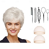 baratos peruca mais velha-Peruca clássica curta com volume invejável e camadas texturizadas  Tons multiculturais de loiro com 2PCS touca de peruca HD e conjunto de ferramentas de cabeleireiro