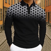 billiga Geometrisk pikétröja för män-Herr Geometrisk Polo Långärmad Polotröjor Kavajslag Business Casual Fritids- Dagliga kläder 3D-utskrift Knappar Vår Höst Vinter Svart Vit Blå