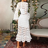 preiswerte Weiße Spitzenkleider-Damen Langes Kleid Maxikleid Spitzenkleid Freizeitkleid Sommerkleid Mode Modern Täglich Strand Wochenende Normale Passform Einfach Langarm V Ausschnitt Weiß Gelb Rosa Blau Sommer Frühling