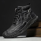 baratos Botas de cano curto-Botas casuais masculinas de couro sintético marrom de cano alto com sola de borracha antiderrapante - calçados duráveis para caminhadas ao ar livre, viagens e uso diário