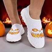 halpa Kengät miehille-Miesten mustat verkkokankaasta valmistetut slip-on-lenkkarit kurpitsakaavikuviolla – rennot halloween-teemaiset kevyet kengät juhliin, katutyyliin ja arkikäyttöön