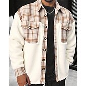 voordelige heren overhemd jas-Voor heren Fleeceshirt shacket Overhemdjasje Winterjack Ruitjes Vakantie Alledaagse kleding Beige Lange mouw Revers Herfst Winter Kleding Zak