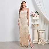 economico Abiti degli anni '20-Anni Ruggenti Anni 1920 Lunghezza alla caviglia Vestito Nozze Addio al celibato Senza maniche Il grande Gatsby Invitato al matrimonio Frange Tubino Colonna Scollo a V Costume Per donna Natale