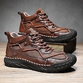 preiswerte Stiefeletten-Braune High-Top-Freizeitsneaker aus Leder für Herren mit Ziernähten und strapazierfähiger Gummisohle – modische Komfortschuhe für Outdoor und Stadt