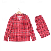 baratos Conjuntos iguais para a família-Olhar de família Pijamas Xadrez Casa Imprimir Vermelho Manga Longa Ativo Roupas Combinando