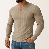 baratos Camiseta de malha canelada-Homens Camiseta Camiseta de malha canelada T-shirt Camisa de manga longa Manga Longa Decote V Verão Todas as Estações Tecido Pit Strip Moda Designer Básico Tricôt Puro Férias Rua Casual Preto Branco
