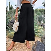baratos Calça de linho de algodão simples-Mulheres Calças de linho de algodão Perna larga chinês Básico Casual Comprimento total Cintura Alta Tecido Cintura elástica Confortável Macio Com Stretch Ao ar livre Rua Preto Branco Azul Roxo Claro