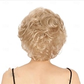 voordelige oudere pruik-Blonde korte krullende pruik - pluizige hittebestendige vezel, niet-vervormbaar, natuurlijke look, elegante pruik voor elke dag voor kostuum cosplay