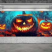 abordables Housse de porte de garage-Couverture de porte de garage d'Halloween, bannière de lanterne de citrouille maléfique, tapisserie de fond de visage de lanterne de Jack O'Lantern lumineuse pour décoration murale ou de clôture