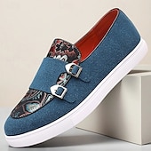 Herre denim loafers med dobbel munk stropp og etnisk trykk – moteriktige, uformelle slip-on-sko for urban stil, fester og vårantrekk billige Uttalelsessko-Herre denim loafers med dobbel munk stropp og etnisk trykk – moteriktige, uformelle slip-on-sko for urban stil, fester og vårantrekk