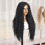 abordables Perruques synthétiques à dentelle-Perruque en dentelle synthétique Boucles profondes Style 28 pouce Noir Raie au milieu partie U Perruque Femmes Perruque Noir
