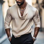 preiswerte Satinhemden für Herren-Herren Hemd Seidenartig Satinhemd Freizeithemd Einfach Formell Hochzeit Schwarz Weiß Marineblau Gold Langarm Wasserfallausschnitt Frühling &amp; Herbst Ganzjahres Bekleidung Gerafft