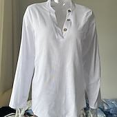 billiga Enkla blusar-Dam Skjorta Texturblus Linneinspirerade skjortor Blus Knappar Slät Modern Ledigt Långärmad V-hals Vanliga toppar Helgdag Utekväll Vit Ljuslila Kaki Ljusblå Höst