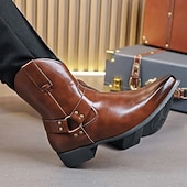 abordables Bottes de Costume-Bottines en cuir marron pour hommes avec fermeture éclair latérale et sangle à boucle, bottes habillées élégantes pour les affaires, les soirées et les occasions formelles