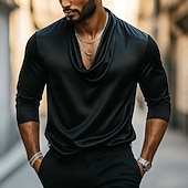 preiswerte Satinhemden für Herren-Herren Hemd Seidenartig Satinhemd Freizeithemd Einfach Formell Hochzeit Schwarz Weiß Marineblau Gold Langarm Wasserfallausschnitt Frühling &amp; Herbst Ganzjahres Bekleidung Gerafft