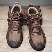 baratos Botas de cano curto-Botas casuais masculinas de couro sintético marrom de cano alto com sola de borracha antiderrapante - calçados duráveis para caminhadas ao ar livre, viagens e uso diário