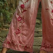 abordables jambe large et taille haute-Femmes Jambe large Pantalons Pantalon palazzo ancien Boho Longueur complète Taille haute Fleur Taille Élastique Impression Respirabilité Confortable Rue Tenue quotidienne Sortir Rose dragée Printemps