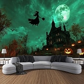 זול שטיחי קיר-שטיח רקע ליל כל הקדושים, תליית קיר של טירת רפאים בלילה, דלעת מכשפה, ציור קיר דקורטיבי גדול לחדר שינה, סלון, מסיבה וקישוט הבית