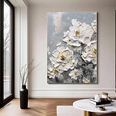 お買い得  花/植物画-鮮やかな花の構図と白い牡丹を特徴とする手作りの3D白い花の油絵。絶妙なインパスト技法と豊かな色彩パレットが特徴で、エレガントな室内装飾に最適です。