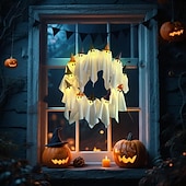 お買い得  ハロウィンのリースとフラワー装飾-ハロウィンゴーストリース、ライト付き、16インチ、12個のLEDライト、小さなライトアップホワイトゴーストガーランド、不気味な幽霊、ハロウィンリース、玄関に吊るす、魔女帽子、ゴースト、ホームパーティーのドア飾り