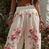 abordables jambe large et taille haute-Femmes Jambe large Pantalons Pantalon palazzo ancien Boho Longueur complète Taille haute Fleur Taille Élastique Impression Respirabilité Confortable Rue Tenue quotidienne Sortir Rose Printemps Automne