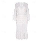 preiswerte Weiße Spitzenkleider-Damen Langes Kleid Maxikleid Spitzenkleid Freizeitkleid Sommerkleid Mode Modern Täglich Strand Wochenende Normale Passform Einfach Langarm V Ausschnitt Weiß Gelb Rosa Blau Sommer Frühling