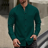 Недорогие мужские повседневные рубашки-Муж. Рубашка Летняя рубашка Повседневная рубашка Пляжная рубашка Кнопка рубашка Черный Белый Винный Темно-зеленый Хаки Длинный рукав Полотняное плетение Воротник-стойка Отпуск Гавайский Карман Одежда