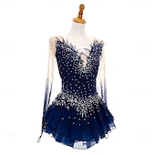 cheap Figure Skating Dresses-Figure Skating Dress Women's Girls' Ice Skating Dress Navy Blue Open Back Asymmetric Hem Mesh High Elasticity Training Competition Skating Wear Classic Crystal / Rhinestone Long Sleeve Ice Skating Figure