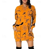 abordables Robe d&amp;#39;Halloween-Femmes Mini Robe Robe à Capuche Robe Décontractée Mode Moderne Halloween Quotidien Week-end Coupe régulière Potiron manche longue À capuche Noir Blanche Jaune Rouge Printemps Automne