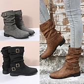 baratos Calçado-Botas de couro sintético de cano médio para mulheres, botas Martin de salto fino com salto fino