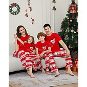 cheap Matching Outfits-Family Pajamas Christmas Pattern Home Print Red Short Sleeve Active Matching Outfits